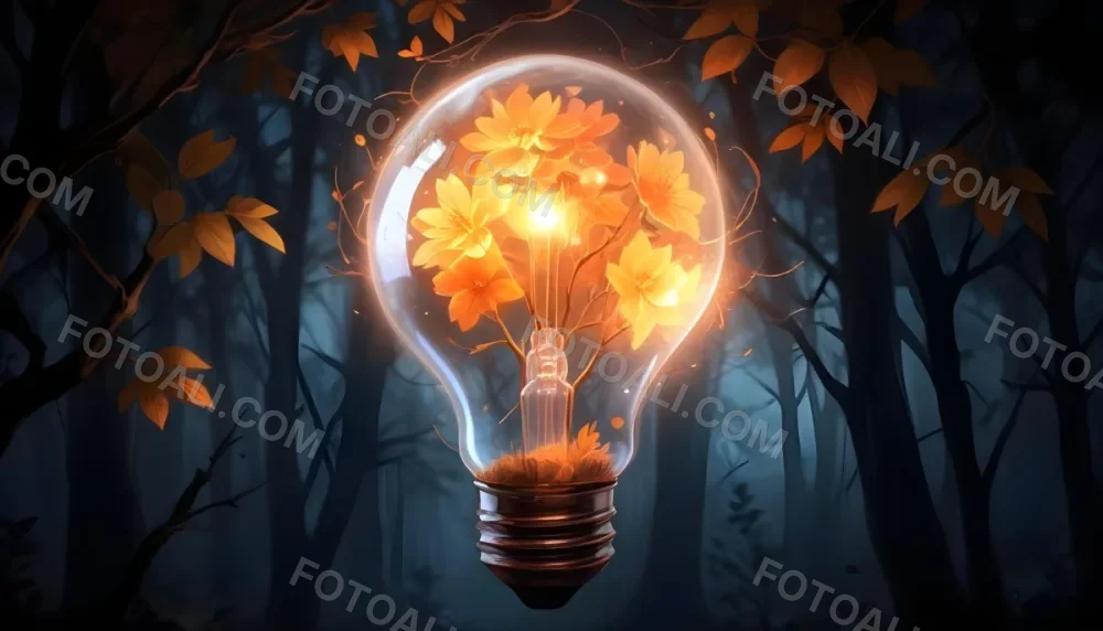 Digital Painting A Light Bulb With Glowing Orange Flowers Inside Surrounded By Tree Branches With Leaves In A Dark Forest Bold And Slim Lines Brush Strokes 31 E048