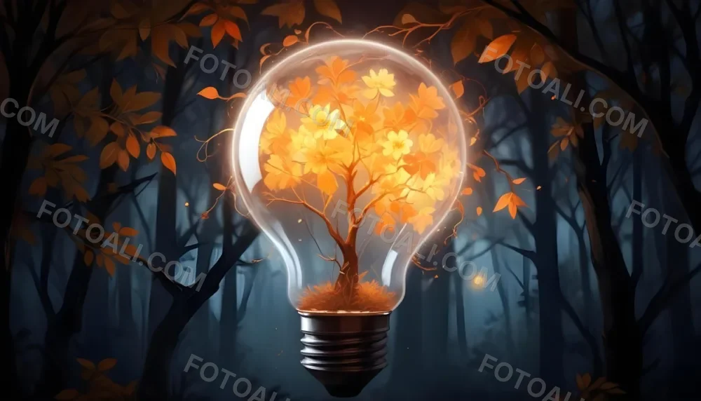 Digital Painting A Light Bulb With Glowing Orange Flowers Inside Surrounded By Tree Branches With Leaves In A Dark Forest Bold And Slim Lines Brush Strokes 33 E824