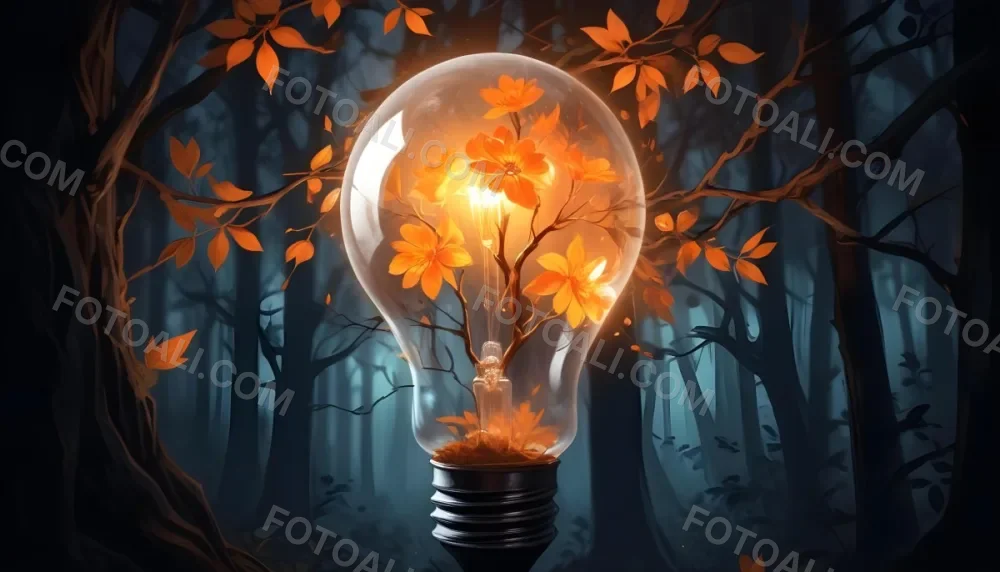 Digital Painting A Light Bulb With Glowing Orange Flowers Inside Surrounded By Tree Branches With Leaves In A Dark Forest Bold And Slim Lines Brush Strokes 39 D307