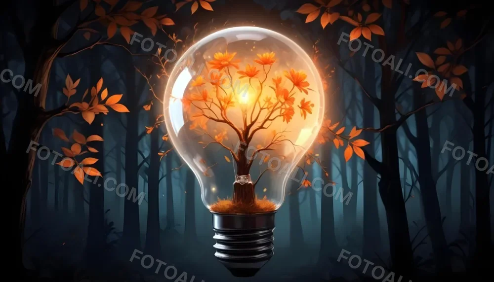 Digital Painting A Light Bulb With Glowing Orange Flowers Inside Surrounded By Tree Branches With Leaves In A Dark Forest Bold And Slim Lines Brush Strokes 4 B56a