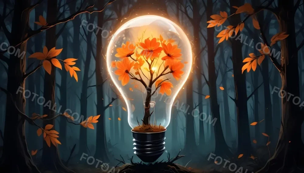 Digital Painting A Light Bulb With Glowing Orange Flowers Inside Surrounded By Tree Branches With Leaves In A Dark Forest Bold And Slim Lines Brush Strokes 40 A021