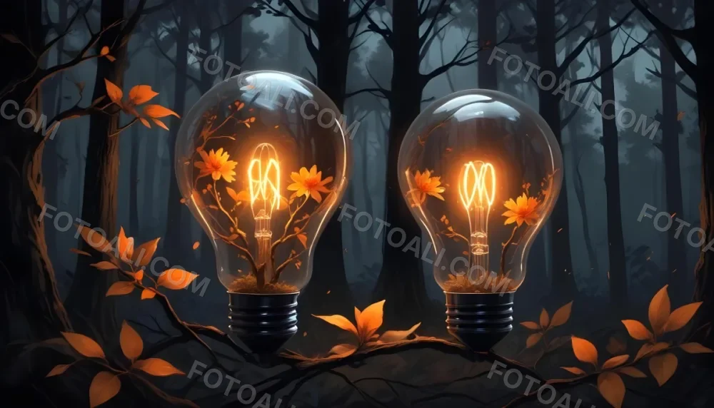 Digital Painting A Light Bulb With Glowing Orange Flowers Inside Surrounded By Tree Branches With Leaves In A Dark Forest Bold And Slim Lines Brush Strokes 42 2f3b