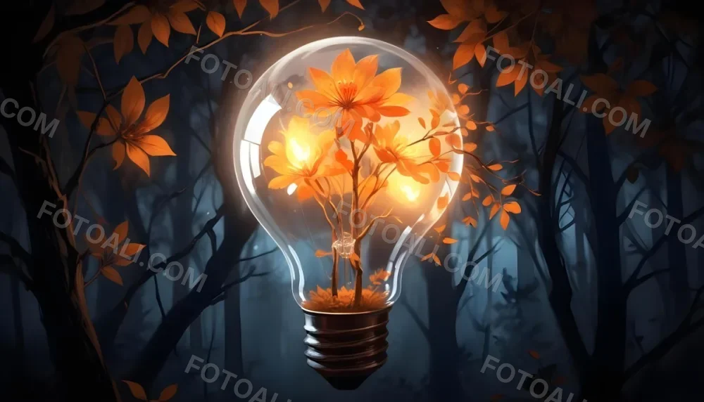 Digital Painting A Light Bulb With Glowing Orange Flowers Inside Surrounded By Tree Branches With Leaves In A Dark Forest Bold And Slim Lines Brush Strokes 43 Be14