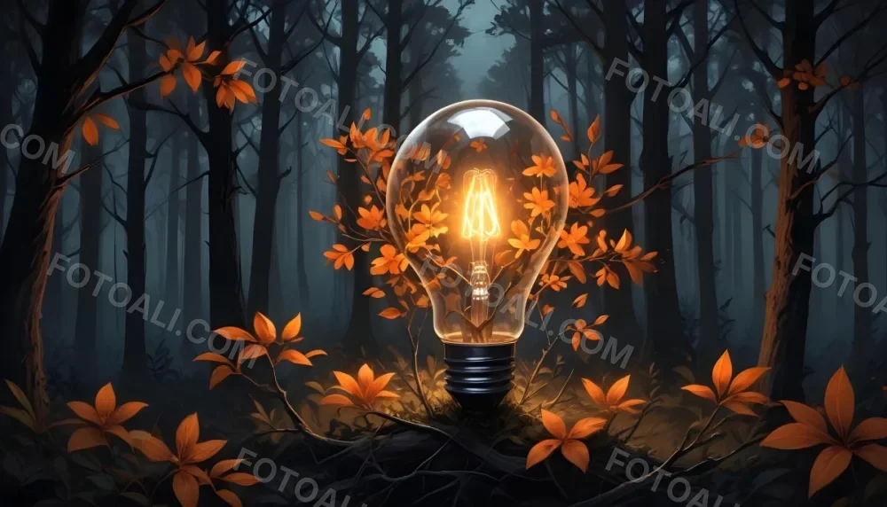 Digital Painting A Light Bulb With Glowing Orange Flowers Inside Surrounded By Tree Branches With Leaves In A Dark Forest Bold And Slim Lines Brush Strokes 45 9f64