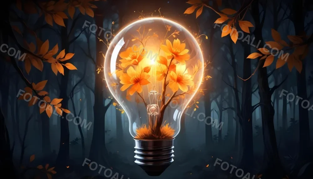 Digital Painting A Light Bulb With Glowing Orange Flowers Inside Surrounded By Tree Branches With Leaves In A Dark Forest Bold And Slim Lines Brush Strokes 5 5339