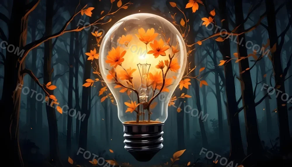 Digital Painting A Light Bulb With Glowing Orange Flowers Inside Surrounded By Tree Branches With Leaves In A Dark Forest Bold And Slim Lines Brush Strokes 7 3118