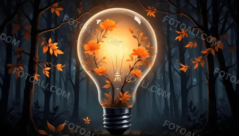 Digital Painting A Light Bulb With Glowing Orange Flowers Inside Surrounded By Tree Branches With Leaves In A Dark Forest Bold And Slim Lines Brush Strokes 8 Df9e