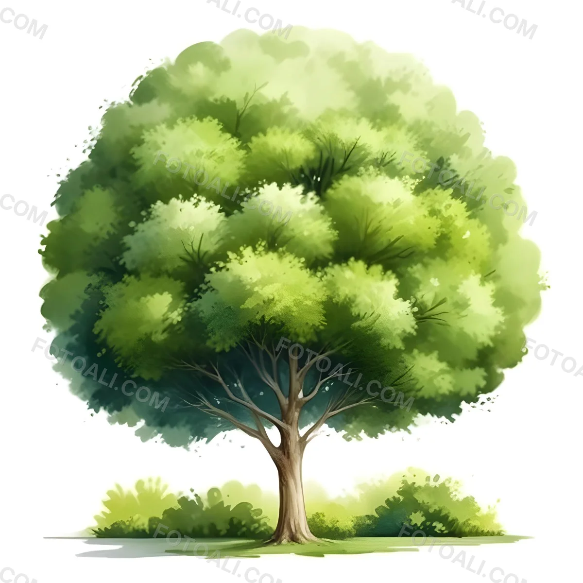 Digital Painting A Lush Green Tree With A Full Rounded Canopy Standing On A Grassy Ground With Small Bushes Against A Plain White Background Watercolor Style Bold And Slim Lines Brush Strokes 2 9b32