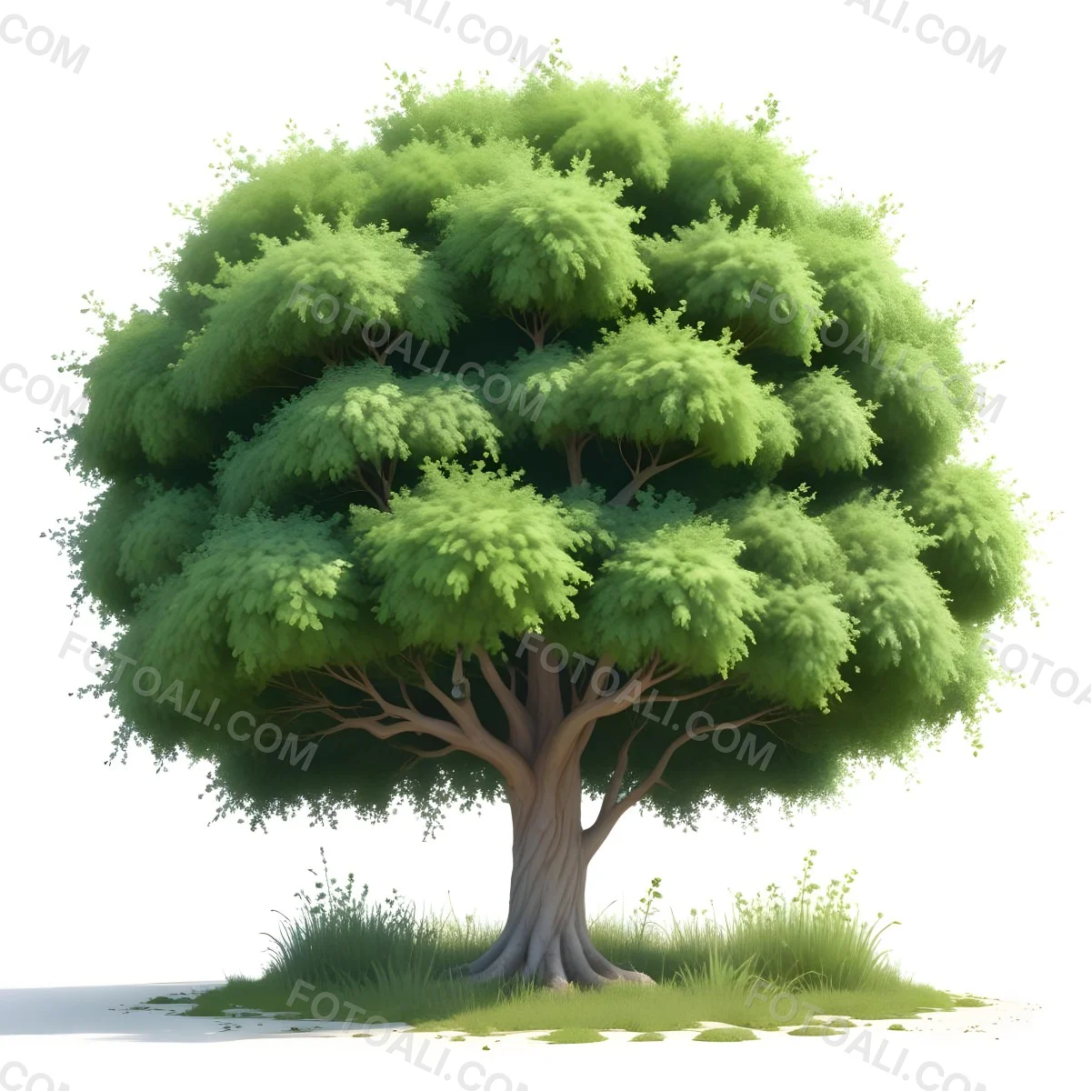 Digital Painting A Lush Green Tree With A Full Rounded Canopy Standing On A Grassy Ground With Small Bushes Against A Plain White Background Watercolor Style Bold And Slim Lines Brush Strokes 3 6d2e