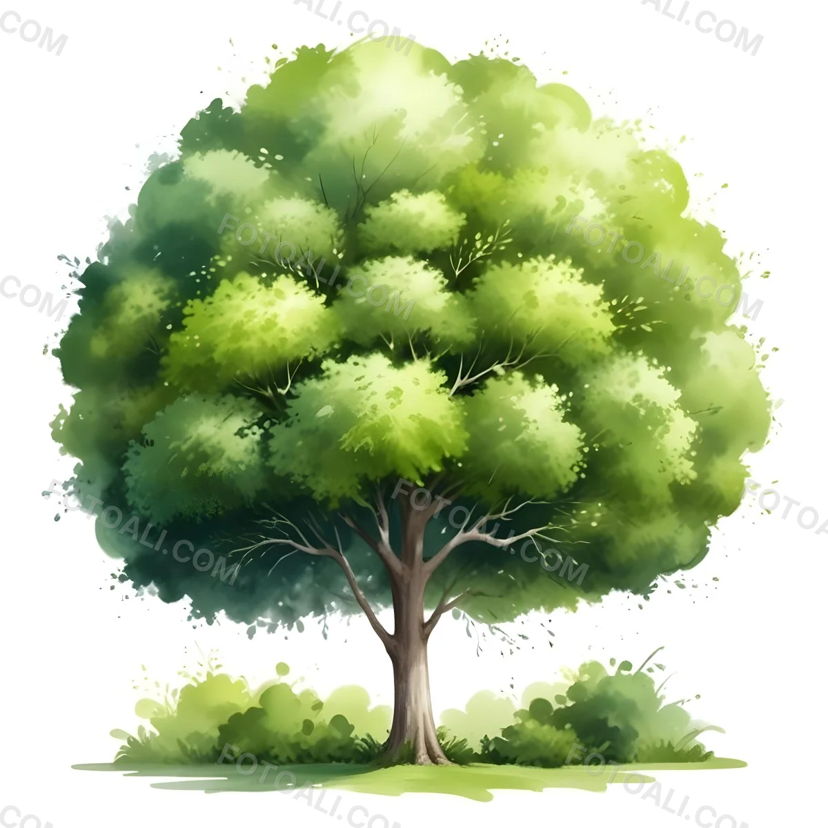 Digital Painting A Lush Green Tree With A Full Rounded Canopy Standing On A Grassy Ground With Small Bushes Against A Plain White Background Watercolor Style Bold And Slim Lines Brush Strokes 31 C628