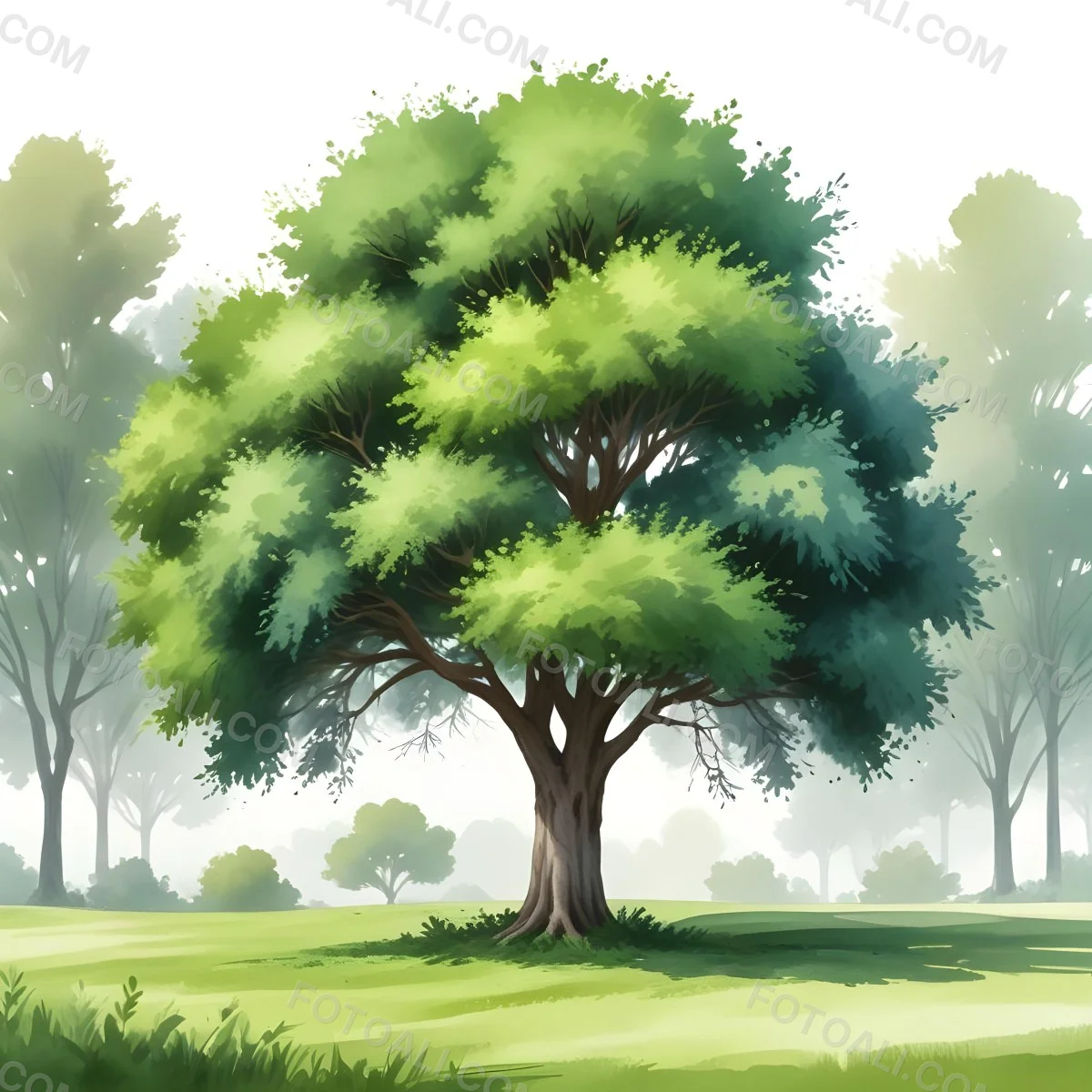 Digital Painting A Lush Green Tree With A Full Rounded Canopy Standing On A Grassy Ground With Small Bushes Against A Plain White Background Watercolor Style Bold And Slim Lines Brush Strokes 35 20fb