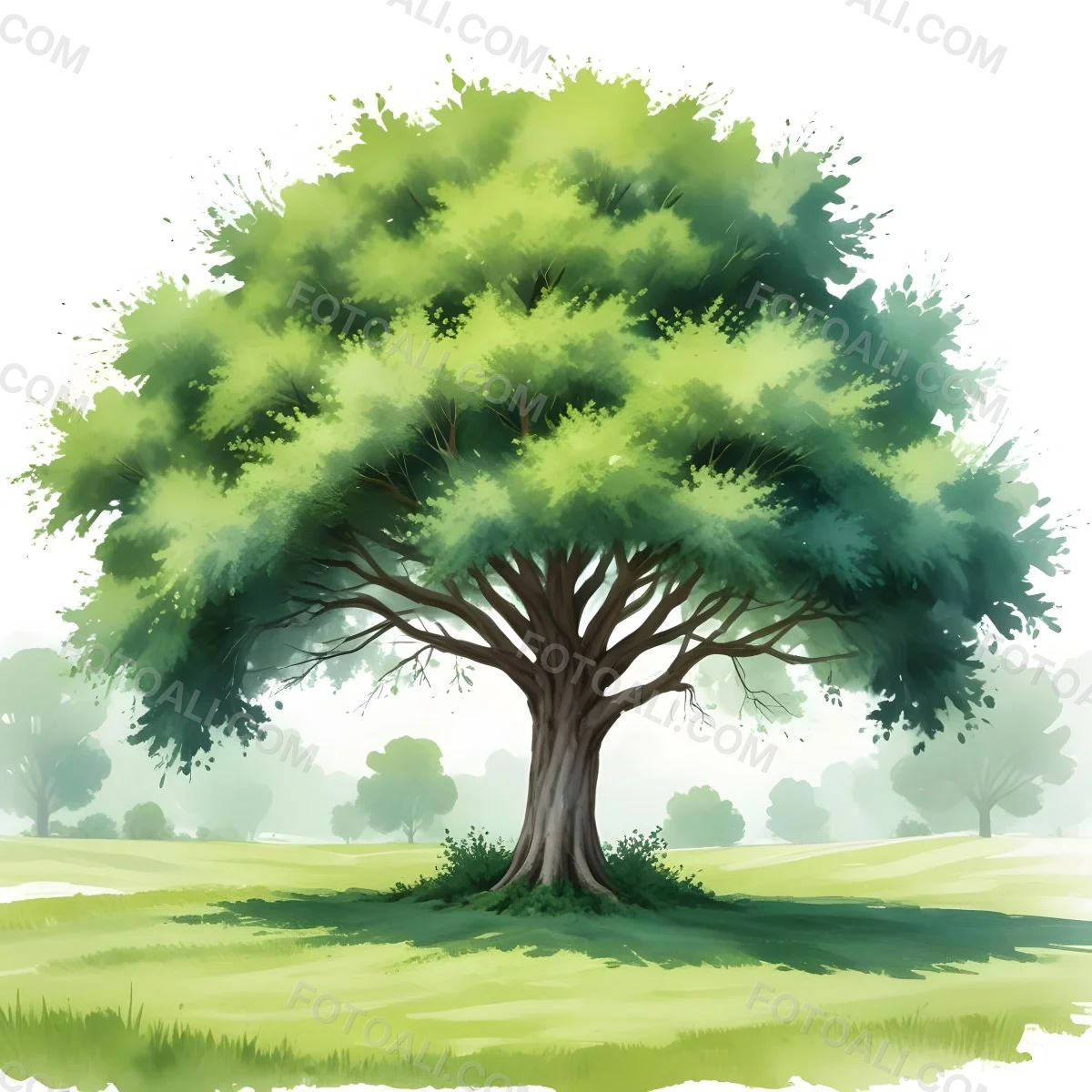 Digital Painting A Lush Green Tree With A Full Rounded Canopy Standing On A Grassy Ground With Small Bushes Against A Plain White Background Watercolor Style Bold And Slim Lines Brush Strokes 42 8e3a