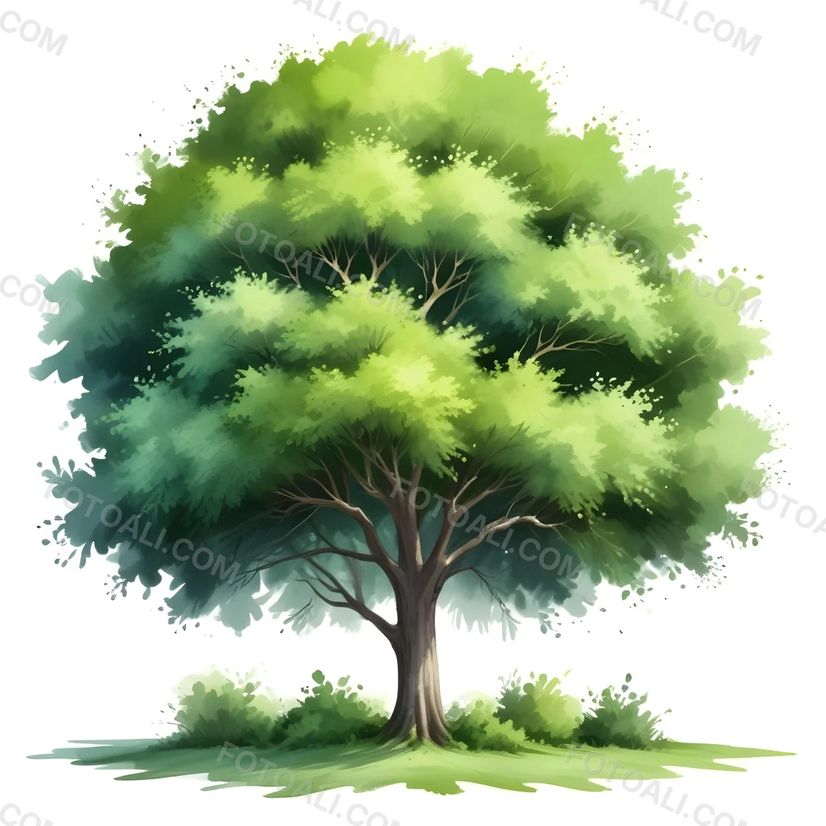 Digital Painting A Lush Green Tree With A Full Rounded Canopy Standing On A Grassy Ground With Small Bushes Against A Plain White Background Watercolor Style Bold And Slim Lines Brush Strokes 46 3df7