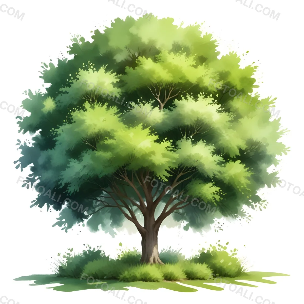 Digital Painting A Lush Green Tree With A Full Rounded Canopy Standing On A Grassy Ground With Small Bushes Against A Plain White Background Watercolor Style Bold And Slim Lines Brush Strokes 51 C2d7