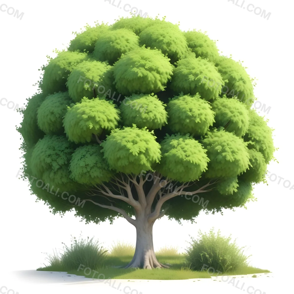 Digital Painting A Lush Green Tree With A Full Rounded Canopy Standing On A Grassy Ground With Small Bushes Against A Plain White Background Watercolor Style Bold And Slim Lines Brush Strokes 54 A1ce