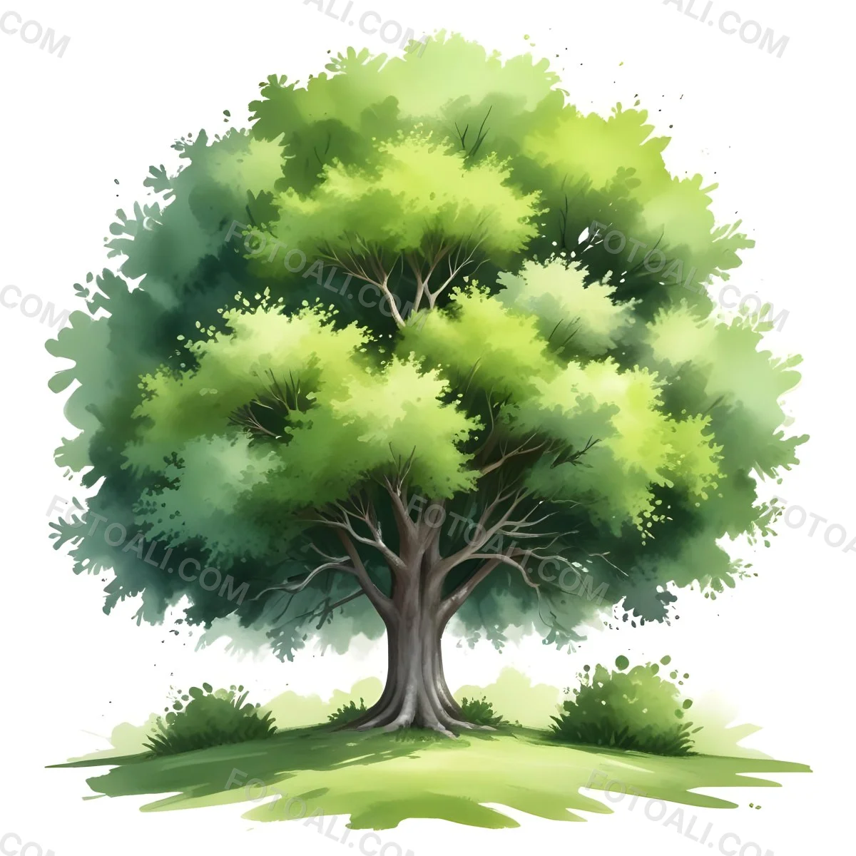 Digital Painting A Lush Green Tree With A Full Rounded Canopy Standing On A Grassy Ground With Small Bushes Against A Plain White Background Watercolor Style Bold And Slim Lines Brush Strokes 55 C656