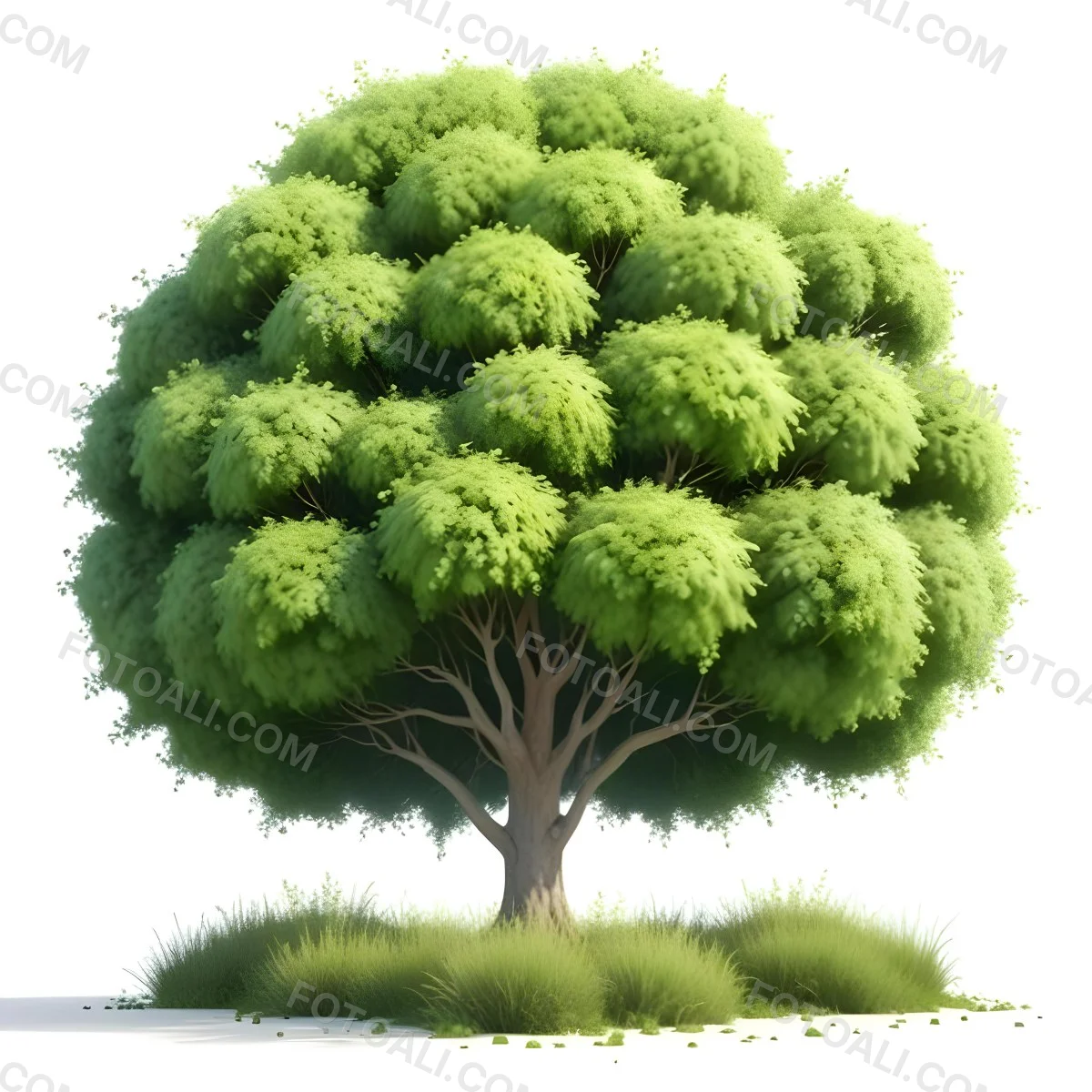 Digital Painting A Lush Green Tree With A Full Rounded Canopy Standing On A Grassy Ground With Small Bushes Against A Plain White Background Watercolor Style Bold And Slim Lines Brush Strokes 56 Dcc8