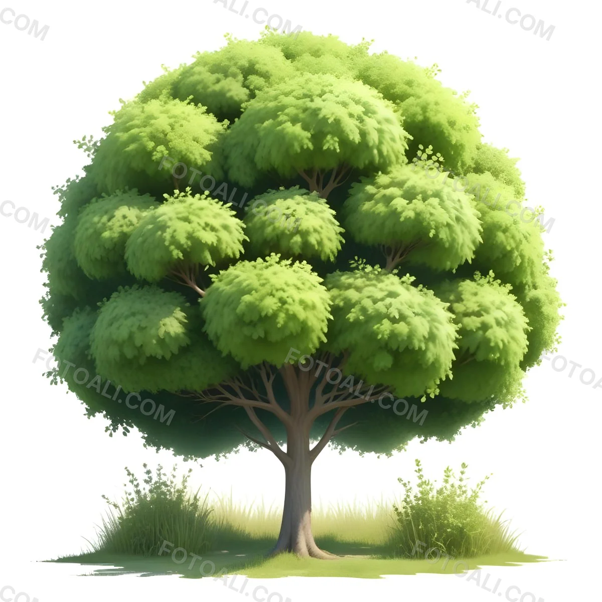 Digital Painting A Lush Green Tree With A Full Rounded Canopy Standing On A Grassy Ground With Small Bushes Against A Plain White Background Watercolor Style Bold And Slim Lines Brush Strokes 58 99e3