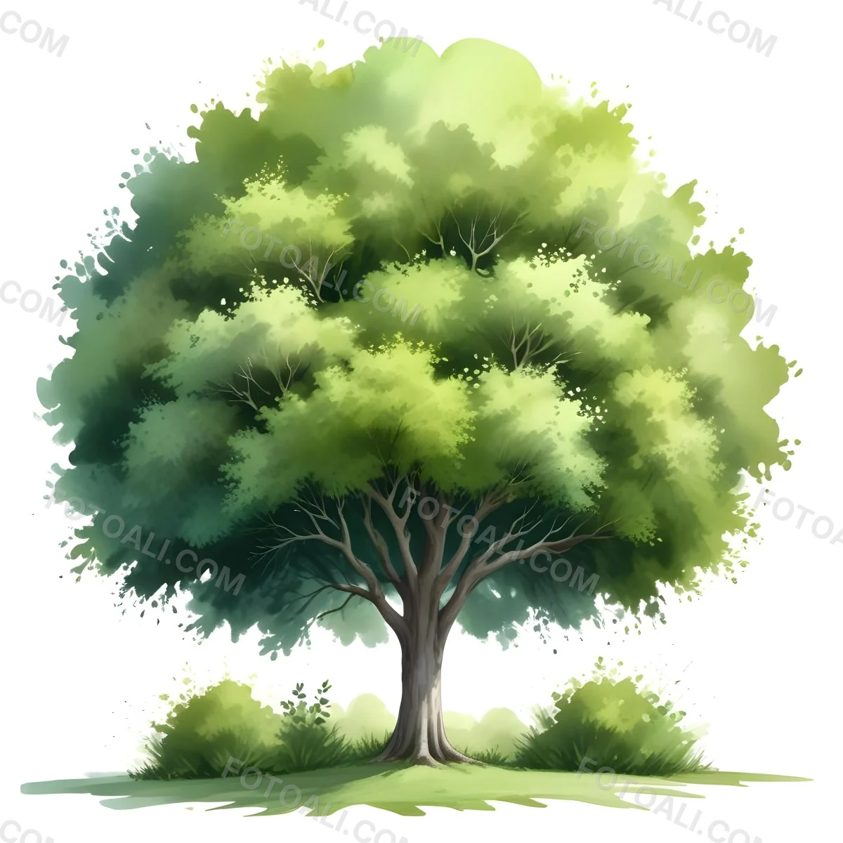 Digital Painting A Lush Green Tree With A Full Rounded Canopy Standing On A Grassy Ground With Small Bushes Against A Plain White Background Watercolor Style Bold And Slim Lines Brush Strokes 59 Df7e