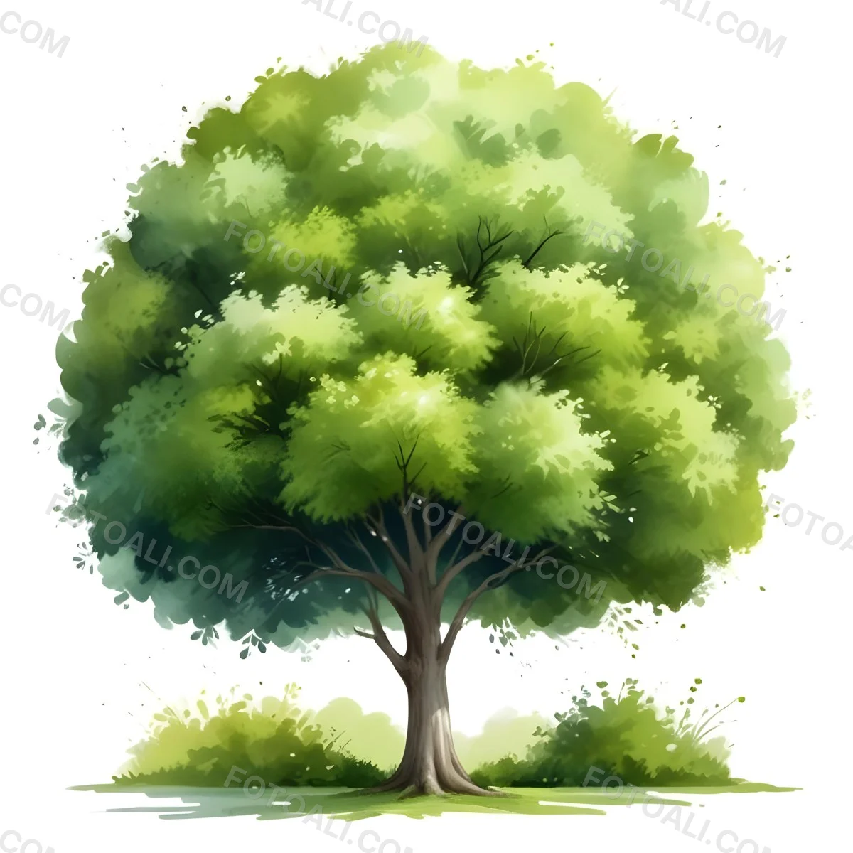 Digital Painting A Lush Green Tree With A Full Rounded Canopy Standing On A Grassy Ground With Small Bushes Against A Plain White Background Watercolor Style Bold And Slim Lines Brush Strokes 6 5064