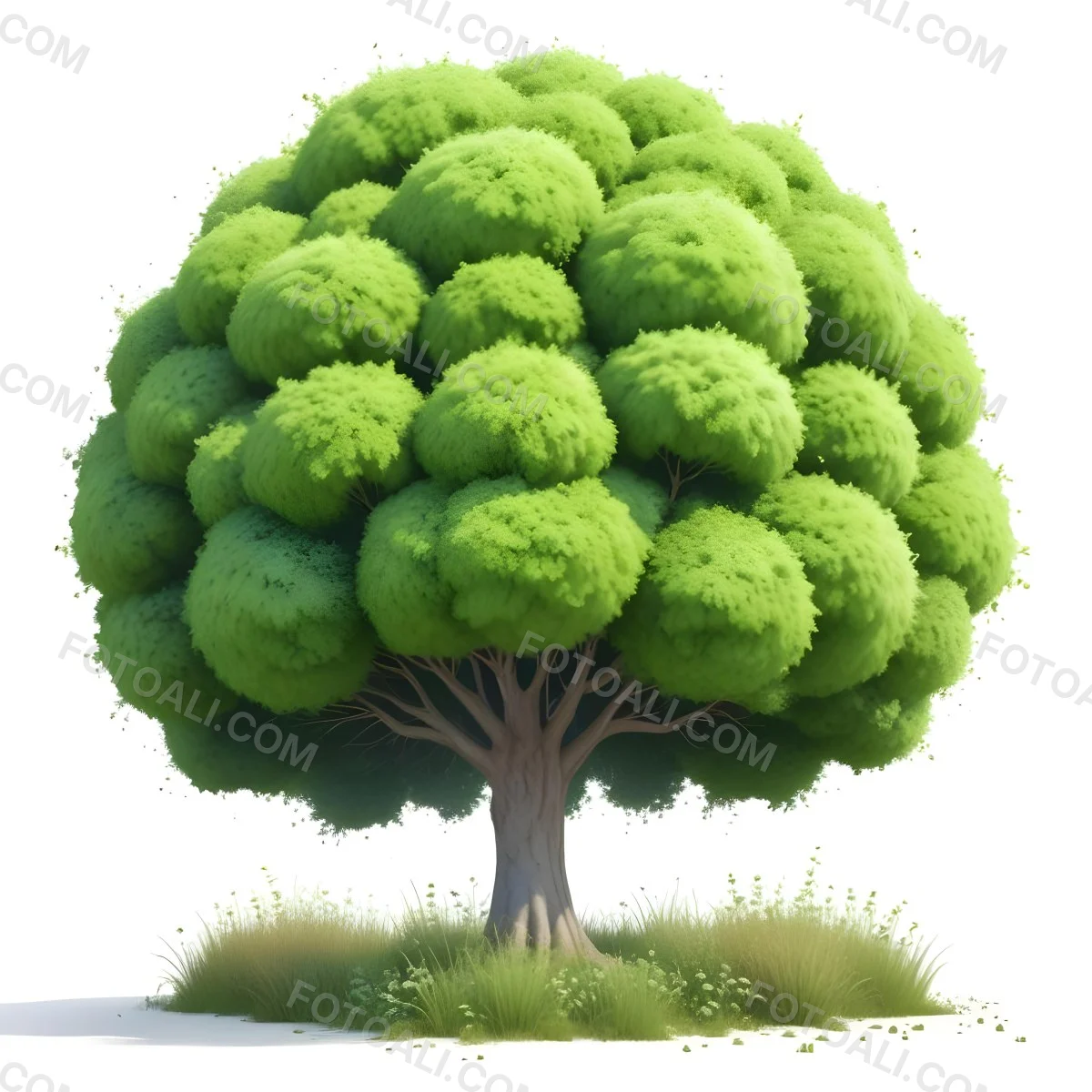 Digital Painting A Lush Green Tree With A Full Rounded Canopy Standing On A Grassy Ground With Small Bushes Against A Plain White Background Watercolor Style Bold And Slim Lines Brush Strokes 60 E5ff