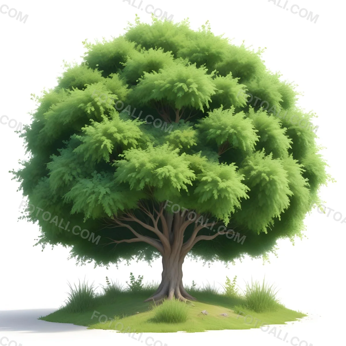 Digital Painting A Lush Green Tree With A Full Rounded Canopy Standing On A Grassy Ground With Small Bushes Against A Plain White Background Watercolor Style Bold And Slim Lines Brush Strokes 62 8e32