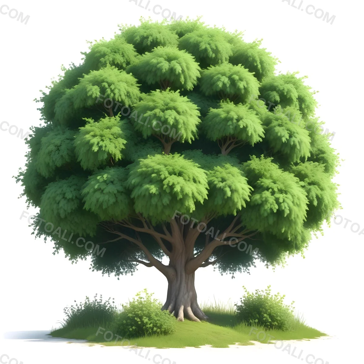 Digital Painting A Lush Green Tree With A Full Rounded Canopy Standing On A Grassy Ground With Small Bushes Against A Plain White Background Watercolor Style Bold And Slim Lines Brush Strokes 7 2409