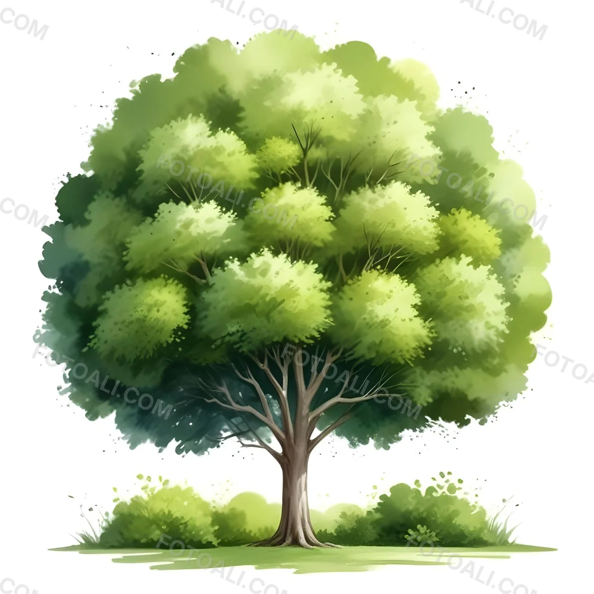 Digital Painting A Lush Green Tree With A Full Rounded Canopy Standing On A Grassy Ground With Small Bushes Against A Plain White Background Watercolor Style Bold And Slim Lines Brush Strokes 8 F5ec