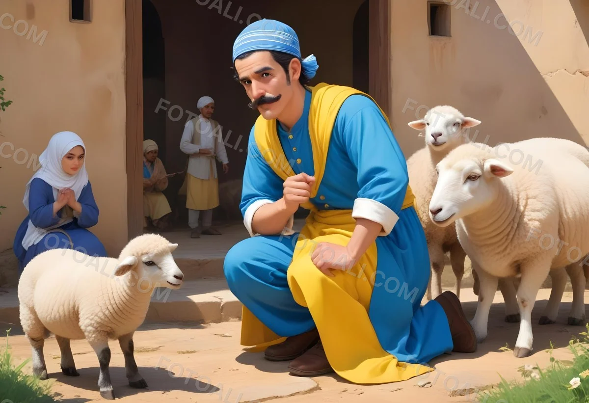 Digital Painting A Man With A Mustache Wearing A Blue Shirt And A Cap Is Kneeling Beside A White Sheep He Is Preparing To Perform A Task With The Sheep In The Background There Is A Goat Being Held By Another Man In 1 3517