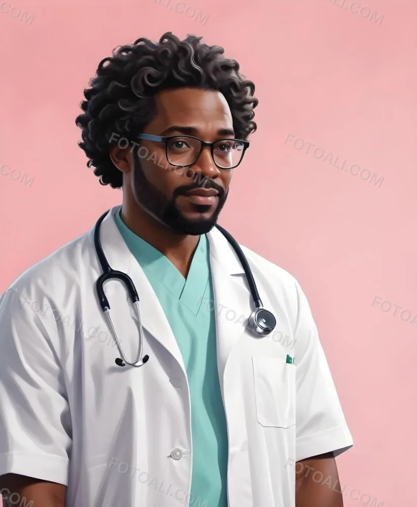 Digital Painting A Middle Aged Black Male Doctor Wearing A White Coat Glasses And A Stethoscope With Short Curly Black Hair Bold And Slim Lines Brush Strokes 2 27a7