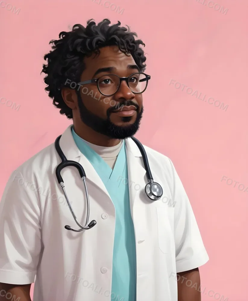 Digital Painting A Middle Aged Black Male Doctor Wearing A White Coat Glasses And A Stethoscope With Short Curly Black Hair Bold And Slim Lines Brush Strokes 3 39de