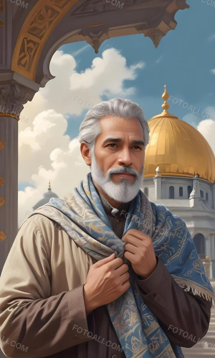 Digital Painting A Middle Aged Man With A Light Brown Skin Tone And Gray Hair Wearing A Traditional Outfit And A Patterned Scarf He Has A Well Groomed Beard And Is Standing In Front Of A Large Golden Dome Structure 12 628e