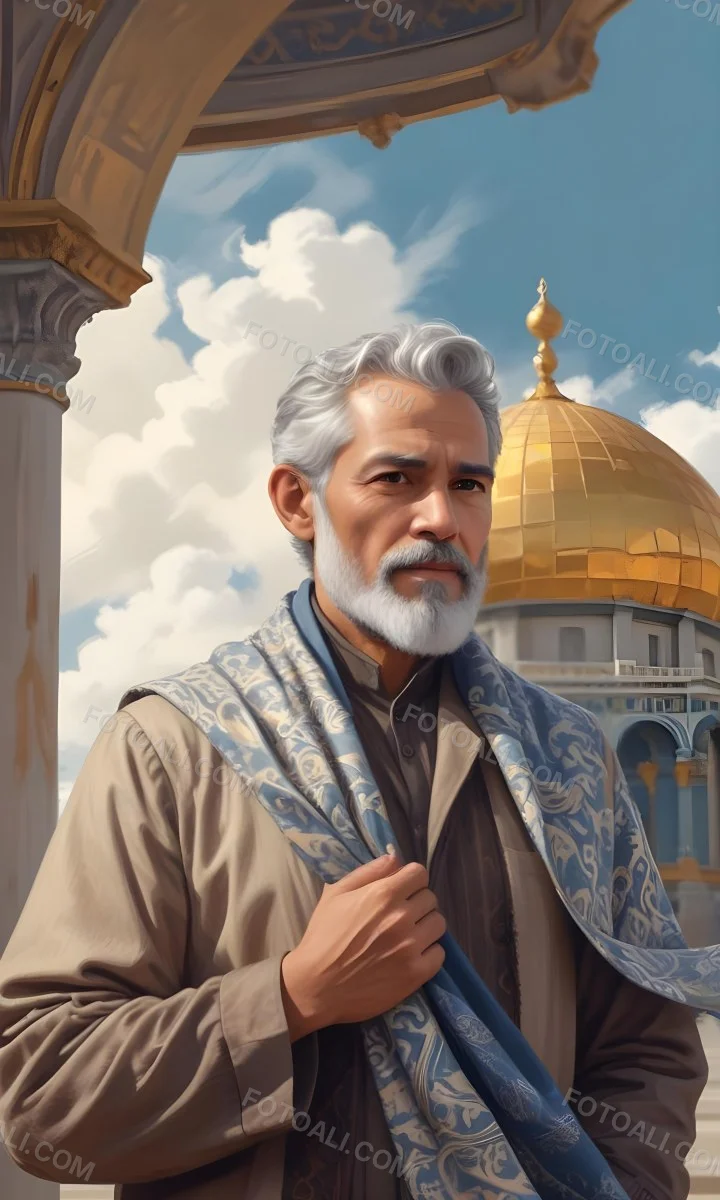 Digital Painting A Middle Aged Man With A Light Brown Skin Tone And Gray Hair Wearing A Traditional Outfit And A Patterned Scarf He Has A Well Groomed Beard And Is Standing In Front Of A Large Golden Dome Structure 13 D646