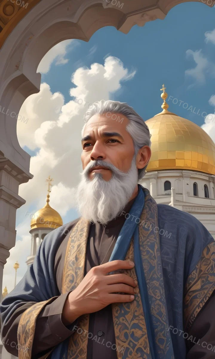 Digital Painting A Middle Aged Man With A Light Brown Skin Tone And Gray Hair Wearing A Traditional Outfit And A Patterned Scarf He Has A Well Groomed Beard And Is Standing In Front Of A Large Golden Dome Structure 15 Dba1