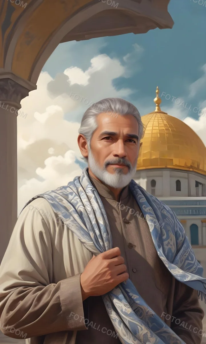 Digital Painting A Middle Aged Man With A Light Brown Skin Tone And Gray Hair Wearing A Traditional Outfit And A Patterned Scarf He Has A Well Groomed Beard And Is Standing In Front Of A Large Golden Dome Structure 16 1256