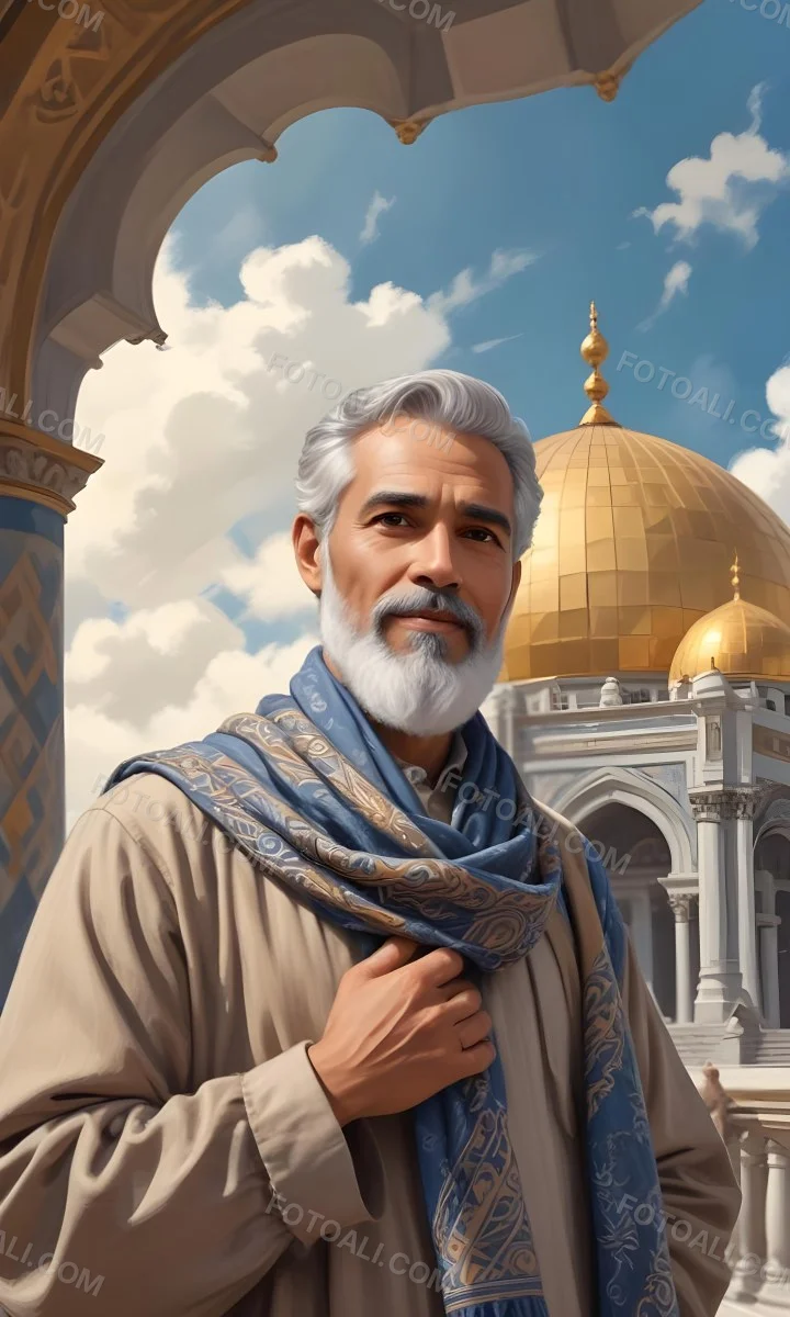 Digital Painting A Middle Aged Man With A Light Brown Skin Tone And Gray Hair Wearing A Traditional Outfit And A Patterned Scarf He Has A Well Groomed Beard And Is Standing In Front Of A Large Golden Dome Structure 19 4f9b