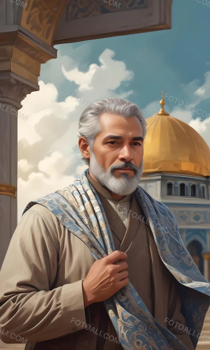 Digital Painting A Middle Aged Man With A Light Brown Skin Tone And Gray Hair Wearing A Traditional Outfit And A Patterned Scarf He Has A Well Groomed Beard And Is Standing In Front Of A Large Golden Dome Structure 20 B9a6