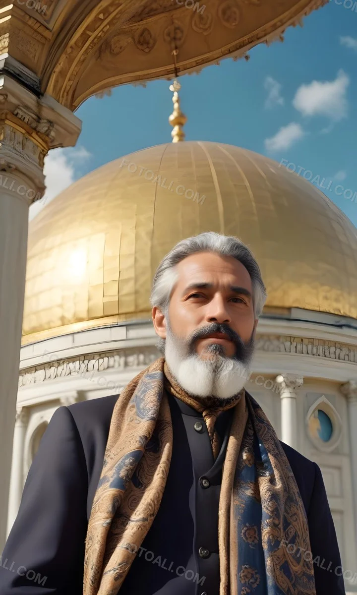 Digital Painting A Middle Aged Man With A Light Brown Skin Tone And Gray Hair Wearing A Traditional Outfit And A Patterned Scarf He Has A Well Groomed Beard And Is Standing In Front Of A Large Golden Dome Structure 3 39a1