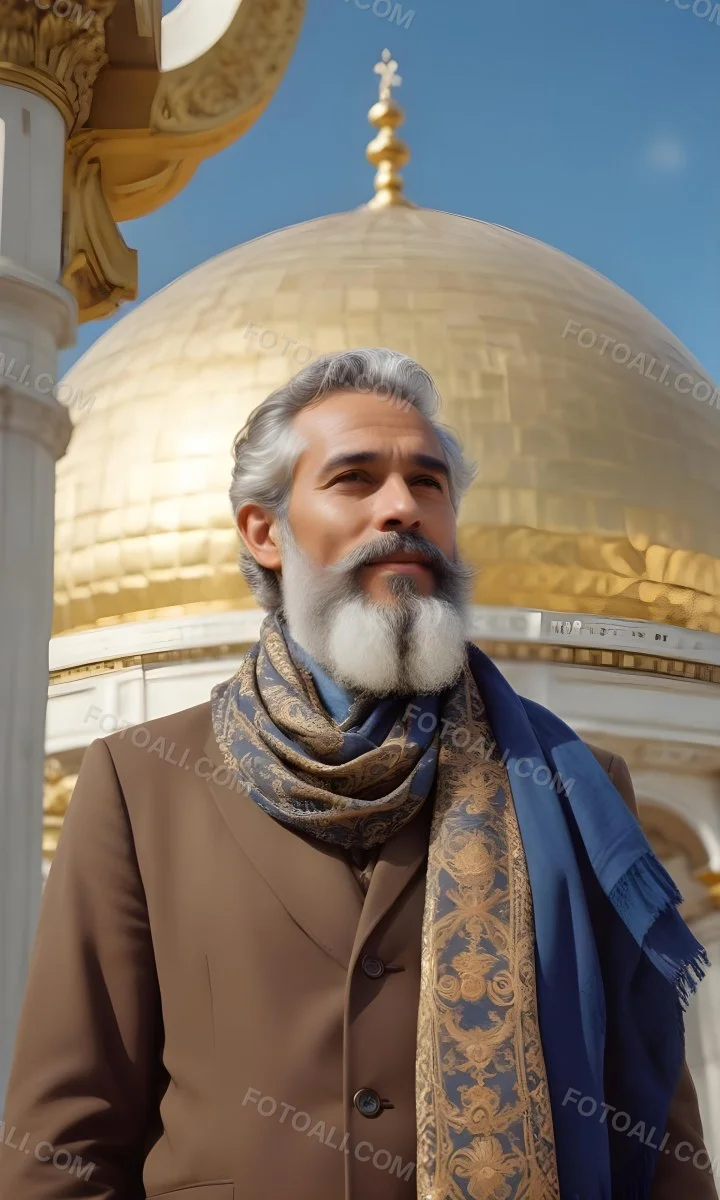 Digital Painting A Middle Aged Man With A Light Brown Skin Tone And Gray Hair Wearing A Traditional Outfit And A Patterned Scarf He Has A Well Groomed Beard And Is Standing In Front Of A Large Golden Dome Structure 5 6544
