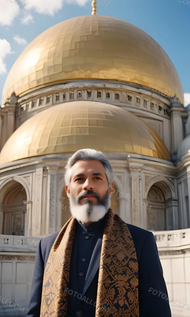 Digital Painting A Middle Aged Man With A Light Brown Skin Tone And Gray Hair Wearing A Traditional Outfit And A Patterned Scarf He Has A Well Groomed Beard And Is Standing In Front Of A Large Golden Dome Structure 6 D3f5