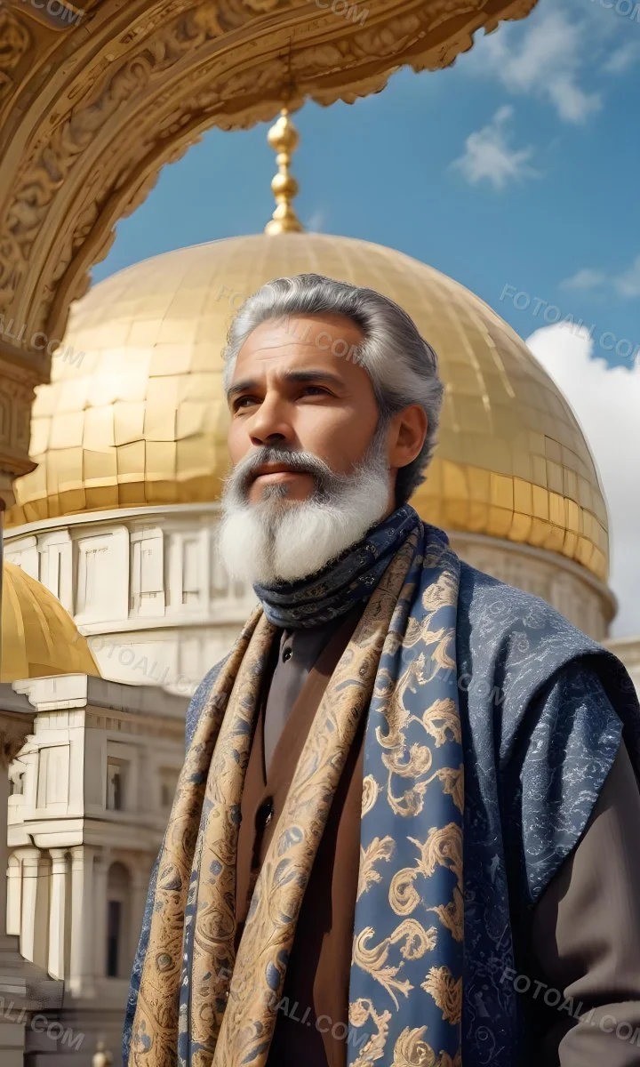 Digital Painting A Middle Aged Man With A Light Brown Skin Tone And Gray Hair Wearing A Traditional Outfit And A Patterned Scarf He Has A Well Groomed Beard And Is Standing In Front Of A Large Golden Dome Structure 7 C949