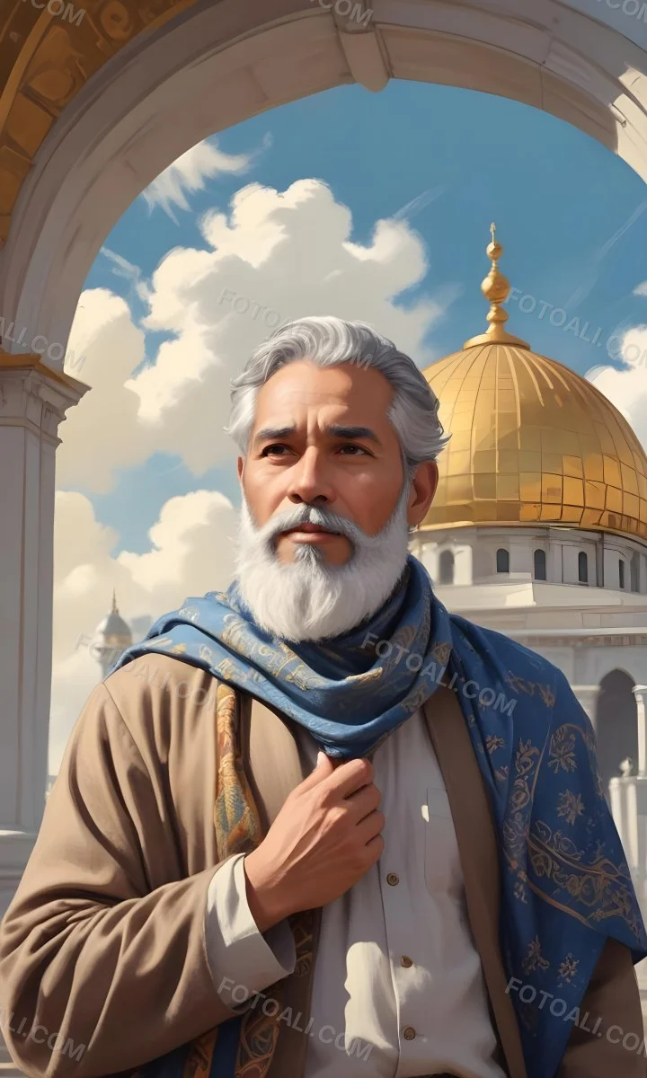 Digital Painting A Middle Aged Man With A Light Brown Skin Tone And Gray Hair Wearing A Traditional Outfit And A Patterned Scarf He Has A Well Groomed Beard And Is Standing In Front Of A Large Golden Dome Structure 9 40a8