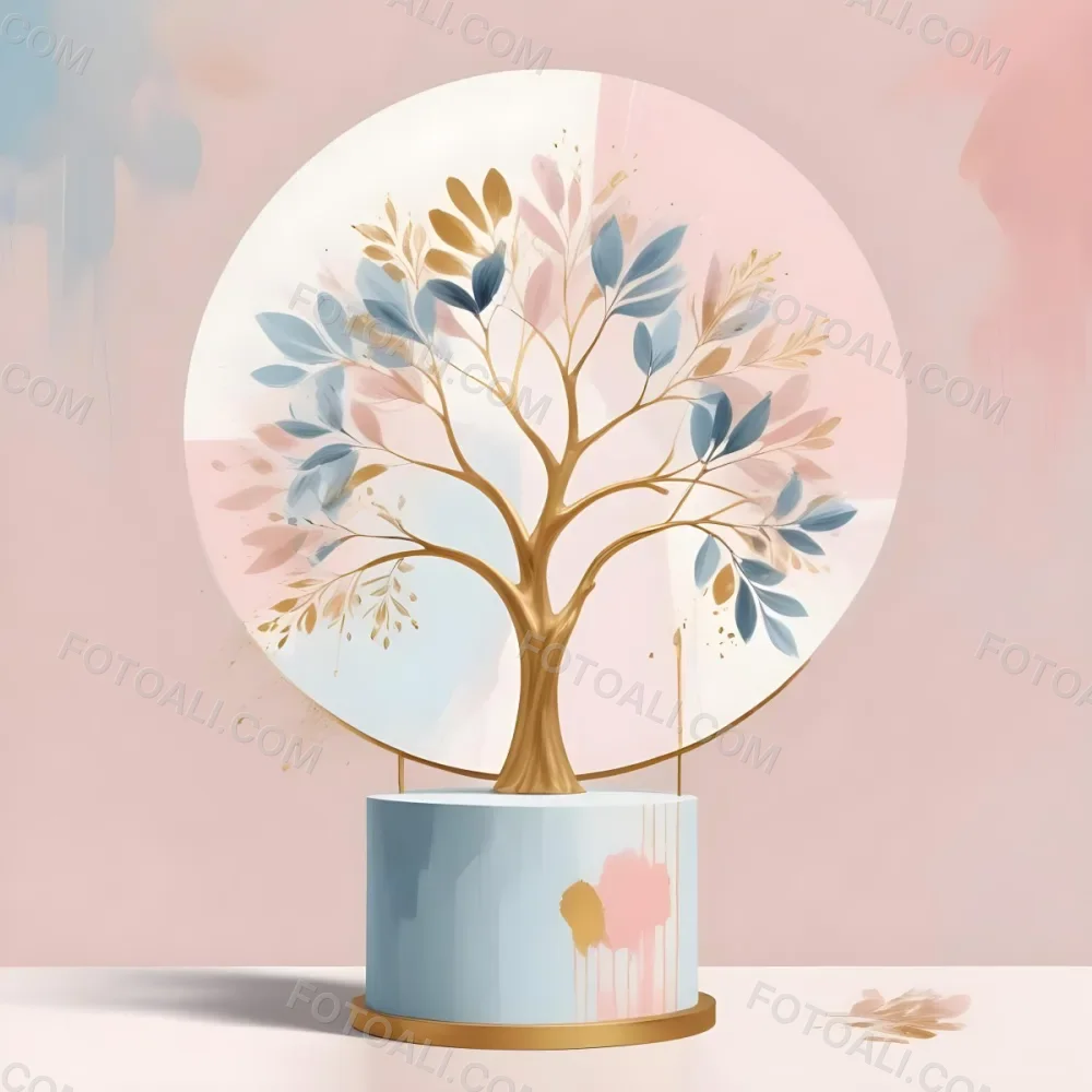 Digital Painting A Minimalist Abstract Scene With A Round White Background A Golden Tree Like Shape And Pastel Blue And Gold Floral Elements On A Pink Pedestal Bold And Slim Lines Brush Strokes 1 A9b8