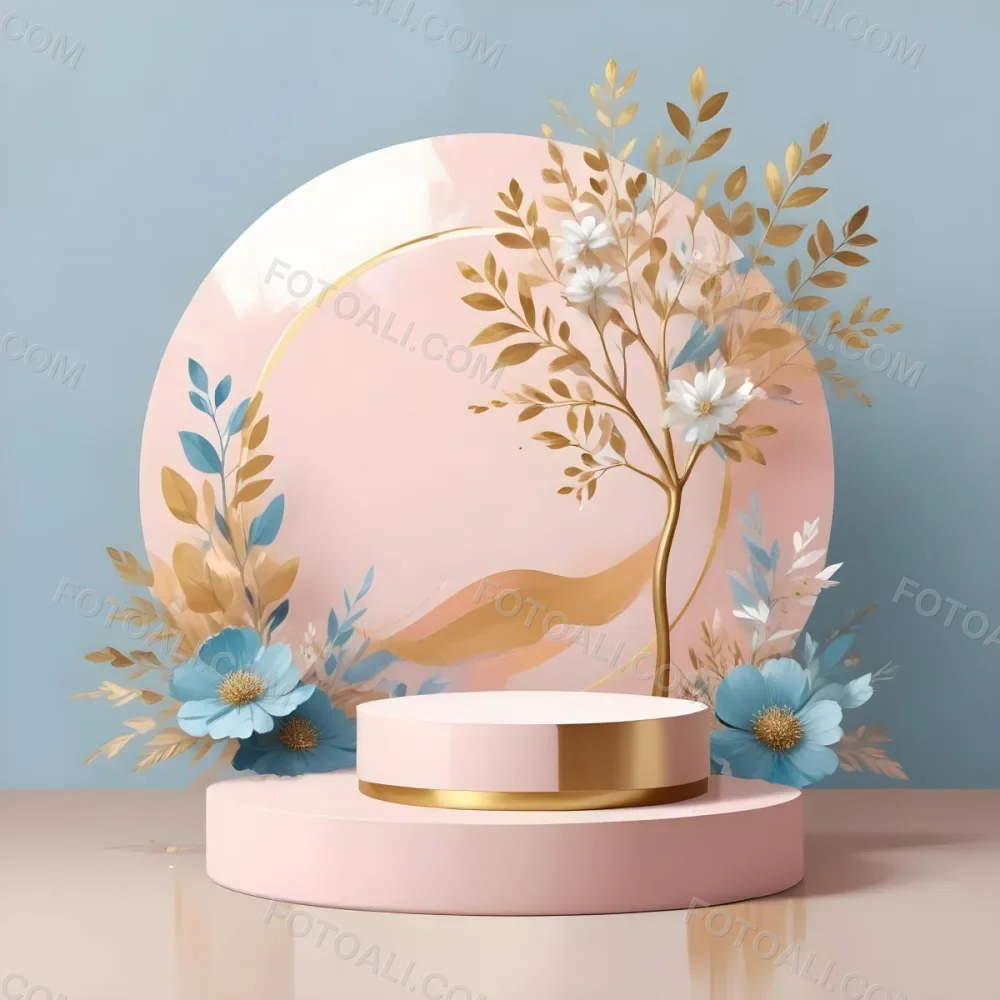Digital Painting A Minimalist Abstract Scene With A Round White Background A Golden Tree Like Shape And Pastel Blue And Gold Floral Elements On A Pink Pedestal Bold And Slim Lines Brush Strokes 11 2a0a