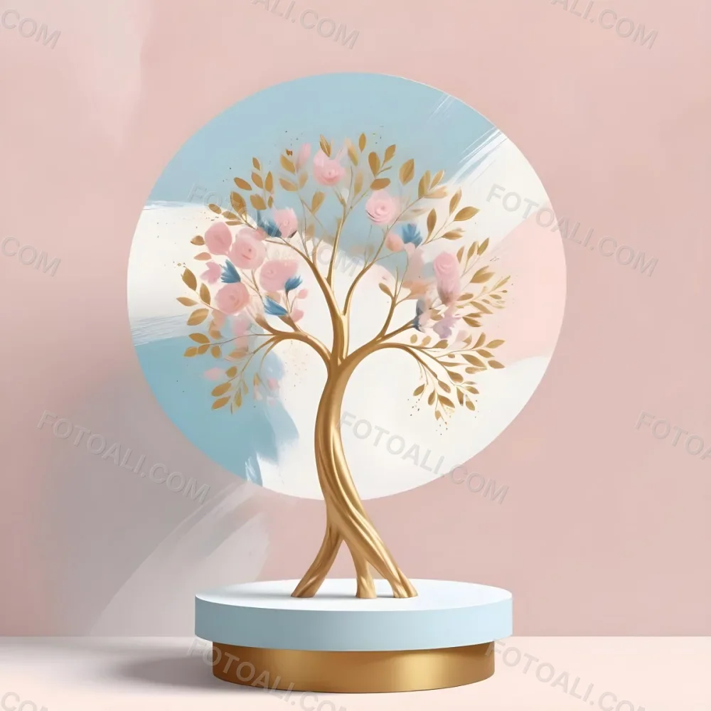 Digital Painting A Minimalist Abstract Scene With A Round White Background A Golden Tree Like Shape And Pastel Blue And Gold Floral Elements On A Pink Pedestal Bold And Slim Lines Brush Strokes 3 Cb5a