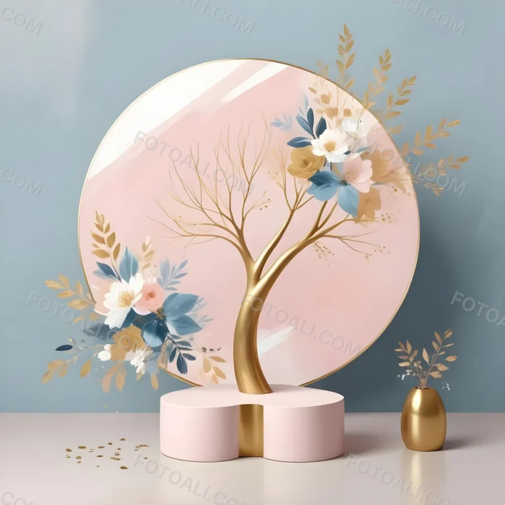Digital Painting A Minimalist Abstract Scene With A Round White Background A Golden Tree Like Shape And Pastel Blue And Gold Floral Elements On A Pink Pedestal Bold And Slim Lines Brush Strokes 5 31e0