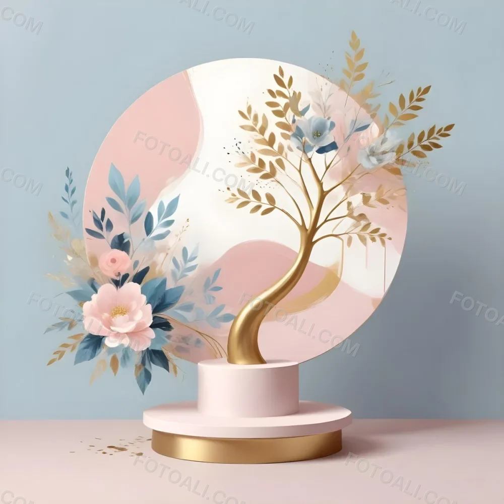 Digital Painting A Minimalist Abstract Scene With A Round White Background A Golden Tree Like Shape And Pastel Blue And Gold Floral Elements On A Pink Pedestal Bold And Slim Lines Brush Strokes 6 7df3