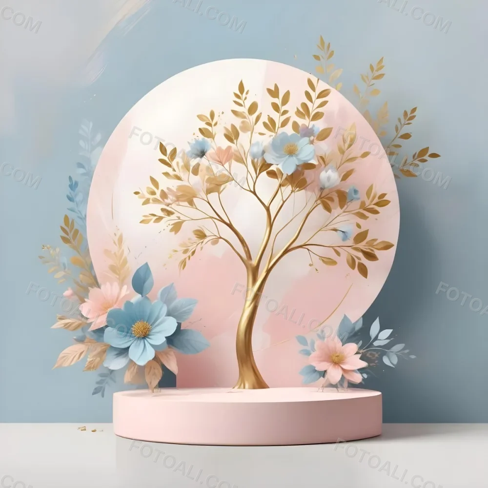 Digital Painting A Minimalist Abstract Scene With A Round White Background A Golden Tree Like Shape And Pastel Blue And Gold Floral Elements On A Pink Pedestal Bold And Slim Lines Brush Strokes 8 48e1