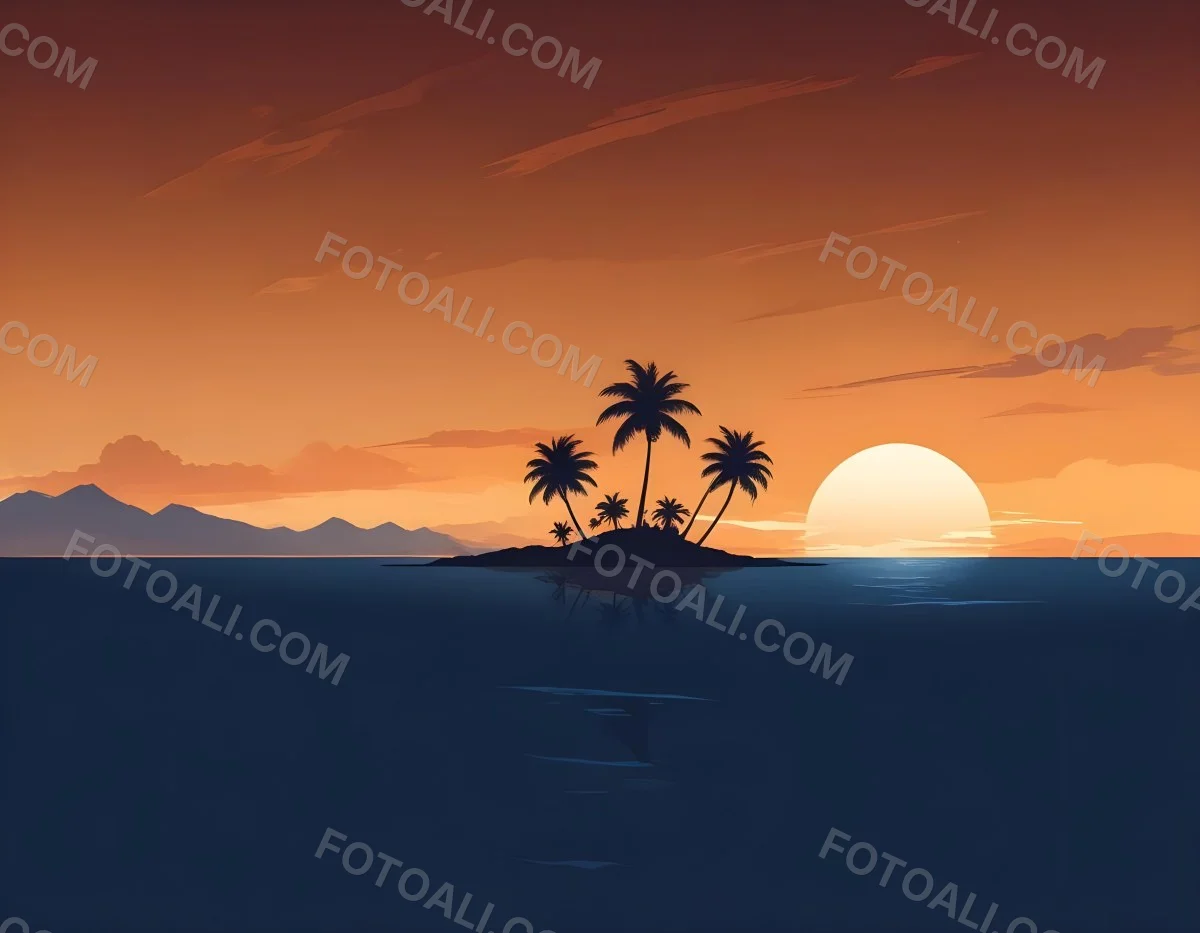 Digital Painting A Minimalist Scene Depicting A Small Island With Two Palm Trees Silhouetted Against A Gradient Sunset Sky Transitioning From Orange To Dark Blue The Water Is Calm Reflecting The Colors Of The Sky Wi 10 Dd7d