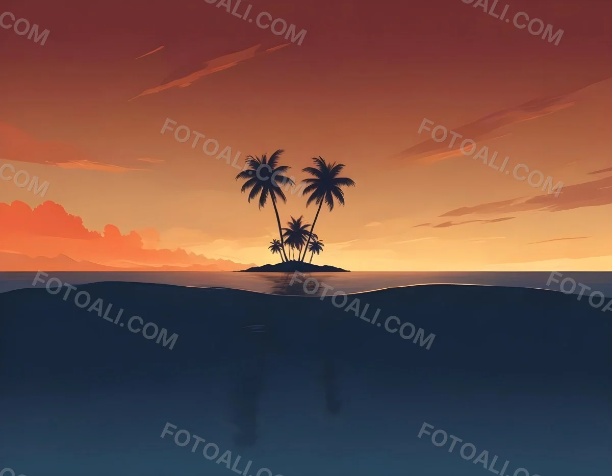 Digital Painting A Minimalist Scene Depicting A Small Island With Two Palm Trees Silhouetted Against A Gradient Sunset Sky Transitioning From Orange To Dark Blue The Water Is Calm Reflecting The Colors Of The Sky Wi 11 94be